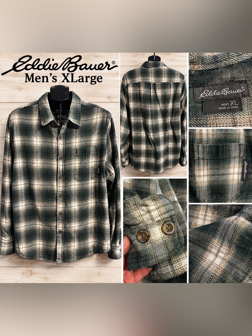 Eddie Bauer Green and Cream Plaid Button-Down Shirt